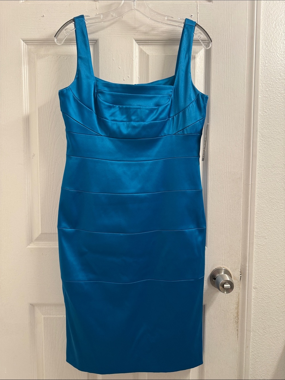 Signature by Sangria Teal Satin Square-Neck Stretch With Midi Dress Size 10